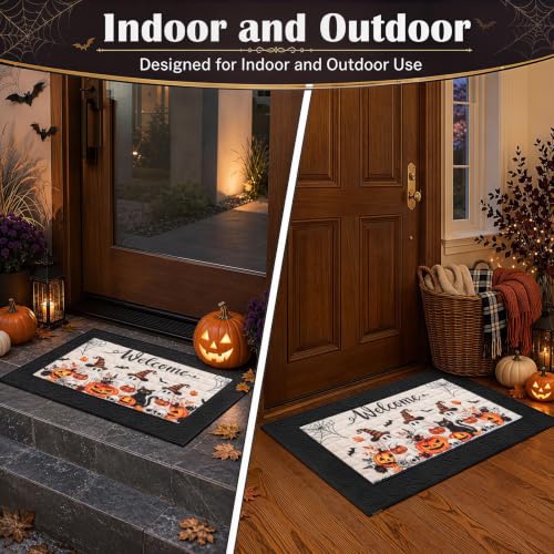 Halloween Welcome Door Mat - Cute Ghost Cat Pumpkin 18x30 Inches - Rubber Doormat