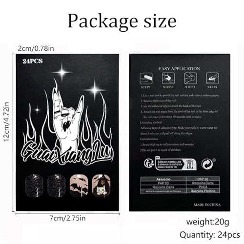 Halloween Press On Nails Short Square Black Ghost Bat Design with Glitter - Variation 26