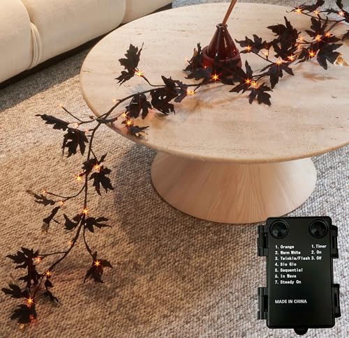 Halloween Black Maple Garland with Lights - 48 LED Orange & Warm White Fairy Lights, Timer, Indoor & Outdoor Decorations - Black Maple Leaves