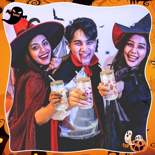 Vesici 12 Pack Color Changing Halloween Glass Cups with Lids & Straws - Ghost Pumpkin Bat Design