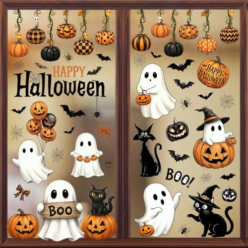 Halloween Window Clings Set - Cute Ghost Pumpkin Black Cat Decorations