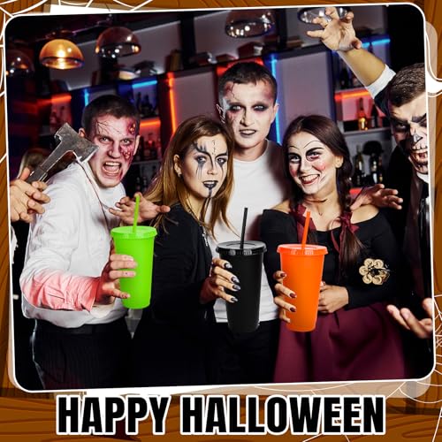 Halloween Plastic Cups Set with Lids and Straws - 24 Oz Reusable Drinkware - Black, Orange, Green - 12 Pack