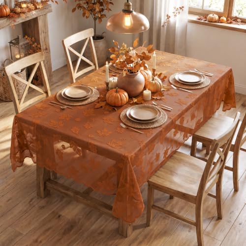 Horaldaily Caramel Fall Lace Tablecloth 60×104 Inch Rectangular Maple Leaf Design