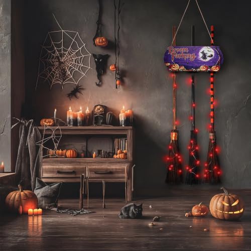 Halloween Wall Decor Broom Parking Sign with 3 Witch Brooms - Spooky Outdoor Indoor Halloween Decoration