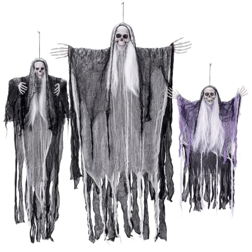 3 Pack Halloween Hanging Ghost Decorations - Poseable Grim Reaper for