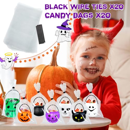 14 Pack Mini Halloween Candy Holders Ghost Pumpkin Cauldron Buckets with Candy Bags & Ties