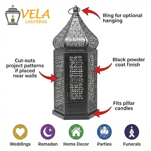 Set of 2 Black Moroccan Lanterns - 11 Inch & 15 Inch Indoor Outdoor Decor