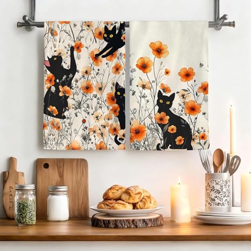 Black Cat Kitchen Towels Set of 4 - 16x24 Orange Floral Hand & Tea Towels