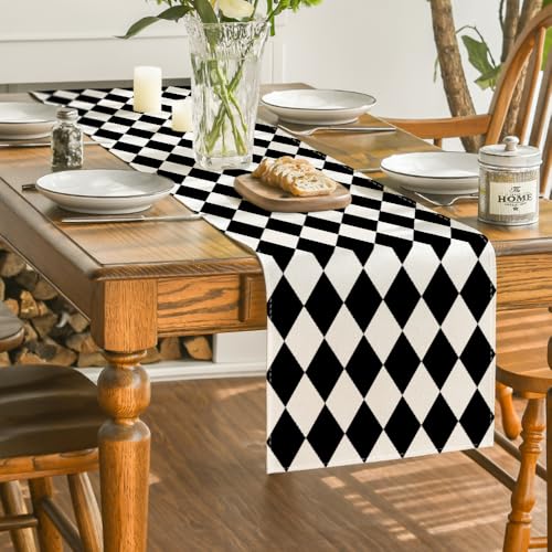 Diamond Plaid Black Table Runner - 13x36 Inch Halloween Party Decor