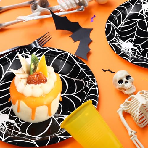 Umigy 100PCS 7-Inch Halloween Spider Web Paper Plates - Black, Disposable Party Tableware