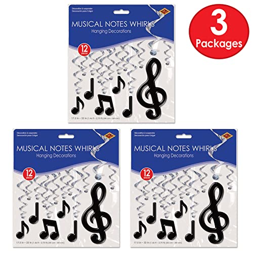 Music Notes Hanging Whirls - 36 Pack Musical Party Decorations - Silver & Cardstock for Events