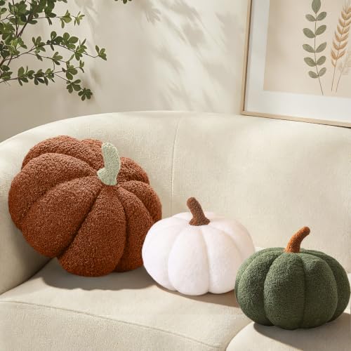 Fall Pumpkin Pillow Set - Brown, White & Green 3-Piece Halloween & Thanksgiving Decor
