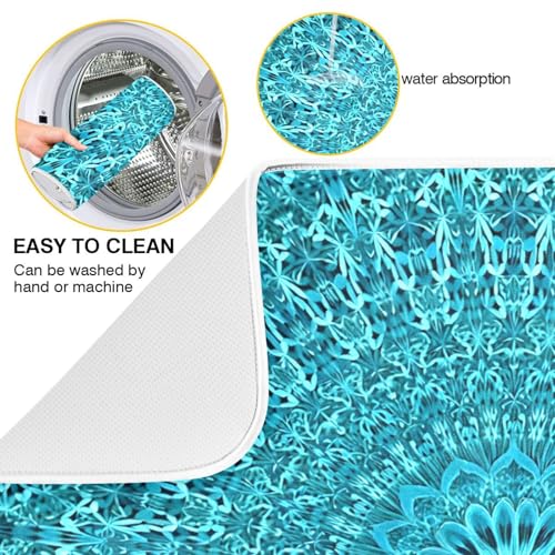 Super Absorbent Microfiber Dish Drying Mat - 24x18 Inches, Turquoise Mandala - Fast Drying Kitchen Pad with Hanging Loop
