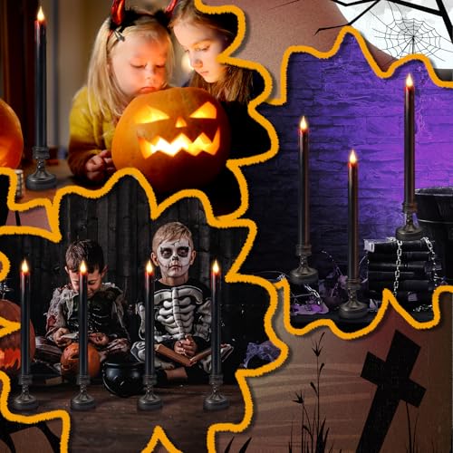 Black Flameless Bleeding Taper Candles with Base - Halloween Set, 8 Pack, Blood Variation