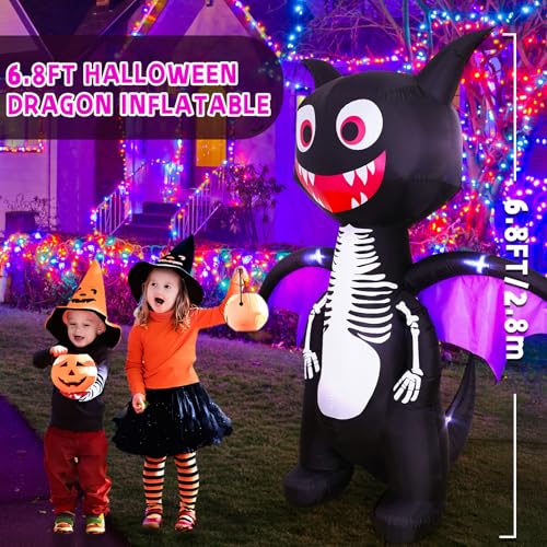 6.8 FT Halloween Inflatable Skeleton Dragon with LED Lights Outdoor Yard Decoration - Giant Blow Up Halloween Dragon - Front Lawn Garden Decor
