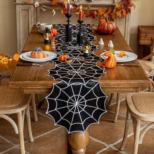 Halloween Embroidered Spider Web Table Runner 14 x 59 Inch - Gothic Fall Decor