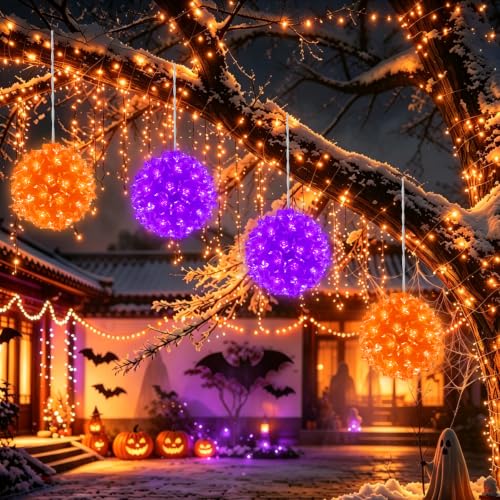 LED Halloween Sphere Lights - 4.2-Inch Purple & Orange Cherry Blossom Ornaments with 16 Modes, Indoor Outdoor Decor (4 Pack)