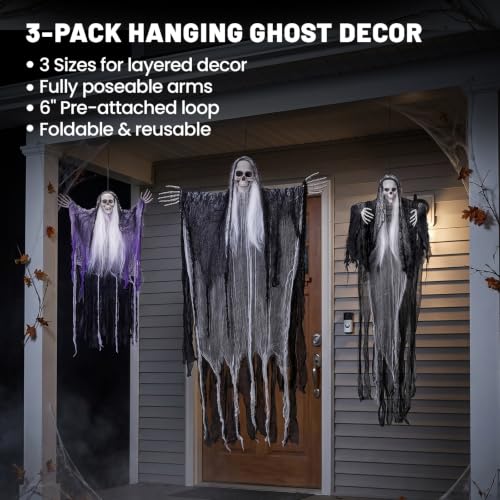 3 Pack Halloween Hanging Ghost Decorations - Poseable Grim Reaper for