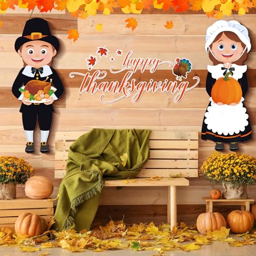 Thanksgiving Pilgrim Hanging Signs Set - Outdoor Fall Decor for Porch & Front Door