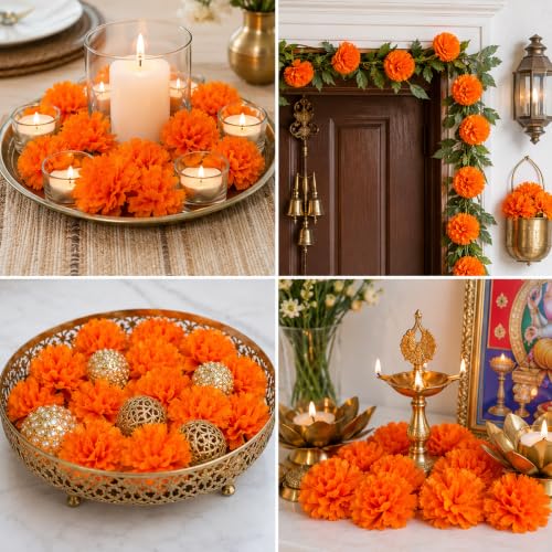 Artificial Marigold Flower Heads for Dia De Los Muertos Decorations - 30 pcs