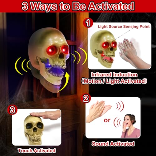 Halloween Animatronic Talking Hanging Skull Head Outdoor Decor - Scary Sound & RGB Lights