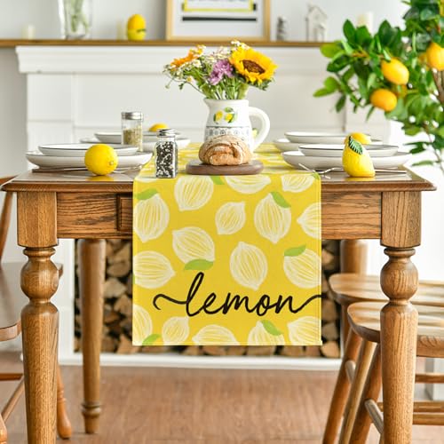 Yellow Leaves Lemon Summer Table Runner 13x36 Inch - Seasonal Kitchen Dining Decor