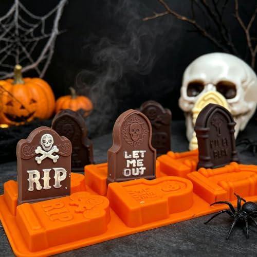 Halloween Tombstone Silicone Mold - Orange, 3-Piece Graveyard Candy & Ice Cube Trays