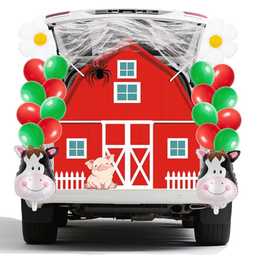 Farm Halloween Trunk or Treat Car Decorations Kit - Barn Banner, Balloons & Web