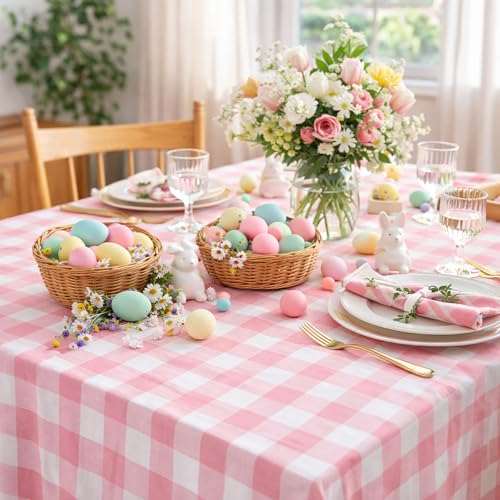 Pink Checkered Tablecloth 56x120 Inch Rectangular Polyester Farmhouse Decor - Pink & White