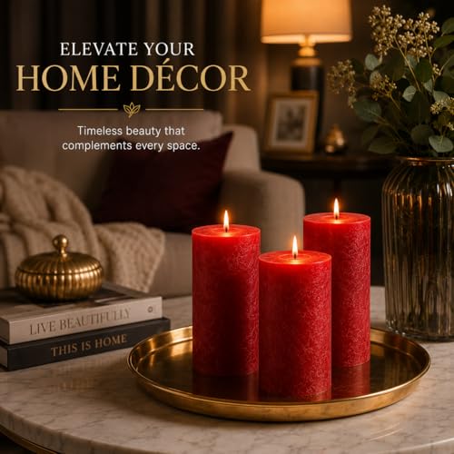 Red Pillar Candles Set of 3 - Unscented Dripless 3x6 Inch for Decor