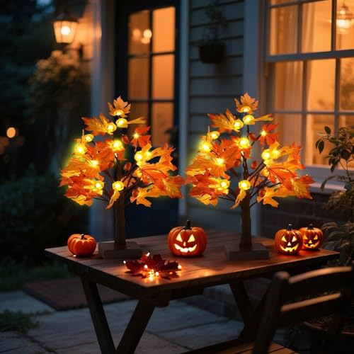 Artificial Fall Maple Tree with LED Lights - Harvest Autumn Decor for Indoor Table Fireplace