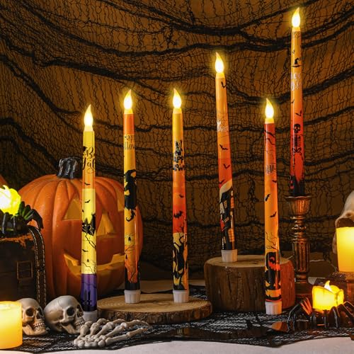 Orange Halloween Flameless Taper Candles Set of 6 - 3D Wick LED Candles