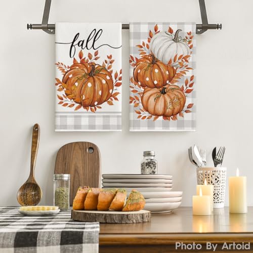 Orange Pumpkin Leaves Fall Kitchen Towels Set of 2 - 18x26 Inch, Absorbent & Soft