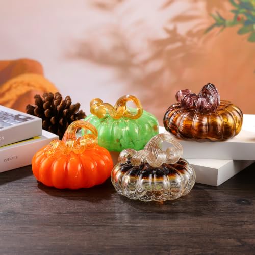 Orange Red Hand Blown Glass Pumpkin - Fall Harvest Halloween Decor - Variation of Red