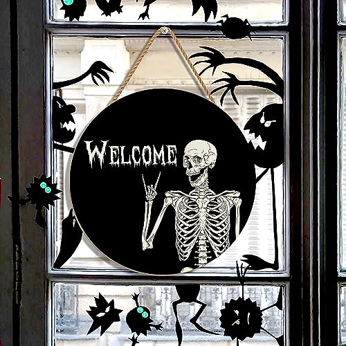 Halloween Skull Welcome Wreath Door Sign - Rustic Wooden Holiday Decor