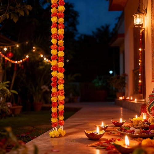 Artificial Marigold Garlands for Diwali & Festival Decorations - 2 Pack 4.9ft Long Flower Strands