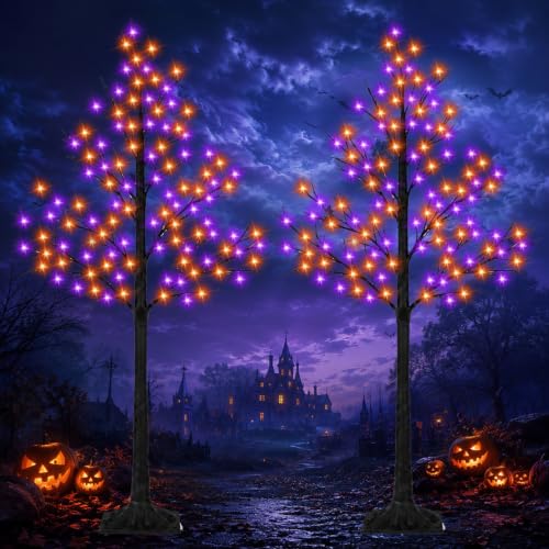 Lighted Halloween Artificial Tree Set - 6FT Black Birch with Orange & Purple LED Lights