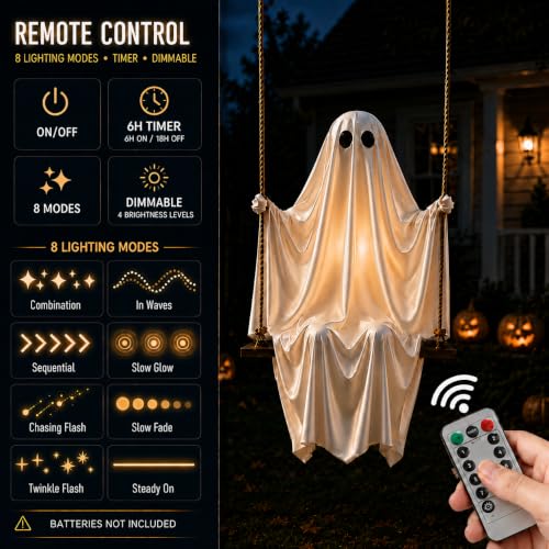 Large Hanging Swing Ghost with LED Lights - Outdoor Halloween Decor, 5 FT Spooky Ghost for Porch & Yard