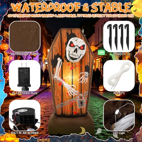 5FT Inflatable Halloween Coffin Decor with LED Skeleton & Weather-Resistant Material