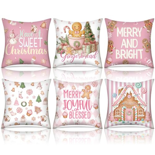 Pink Gingerbread Christmas Pillow Covers 6 Pack 18x18 Suede Holiday Decor