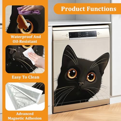 Cute Black Cat Magnetic Dishwasher Cover 23x26 Inch Kitchen Appliance Panel