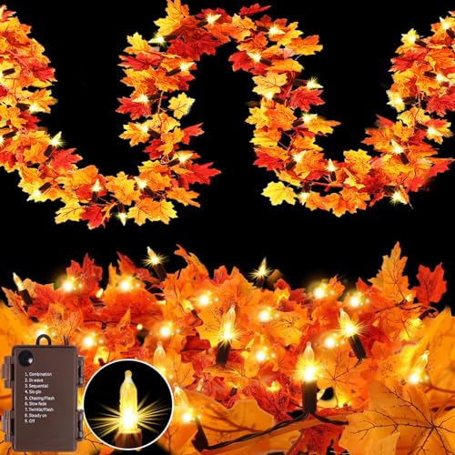 Orange Fall Garland with 100 LED Lights, 20Ft Battery Operated, 2 Pack