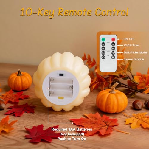 White Flameless Pumpkin Candle with Remote & Timer - Fall Decor, Real Wax, 3D LED Flame, Harvest