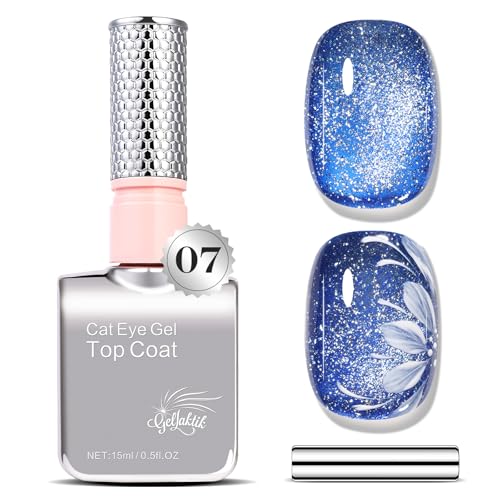 Blue Sparkle Cat Eye Gel Nail Set - No Base or Top Coat Needed, Magnetic Effect