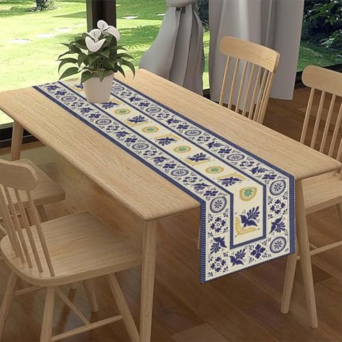 Ceramic Mexican Table Runner 13x36 Inches - Blue Floral Birds, Farmhouse Decor
