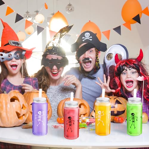 Vesici 24 Pack Halloween Plastic Cups with Lids & Straws - Skeleton Design, 13.5 oz, Black & White, Horror Party Supplies