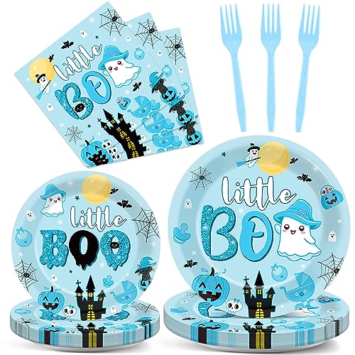 Halloween Little Boo Blue Party Plates Napkins Forks Set - Baby Shower & Costume Celebration