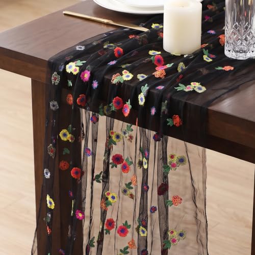 Black Embroidered Floral Daisy Tulle Table Runner 10Ft - Variation of THIS listing