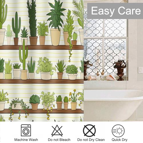 Green Cactus Pot Shelf Bathroom Shower Curtain 72x72 Inch with Hooks - Waterproof Fabric