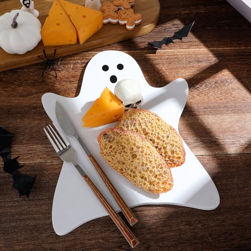 Halloween Ghost Marble Cheese Board - White Marble Charcuterie Platter, 11.8x9.8 Inch, Decorative Serving Tray for Halloween & Festive Parties